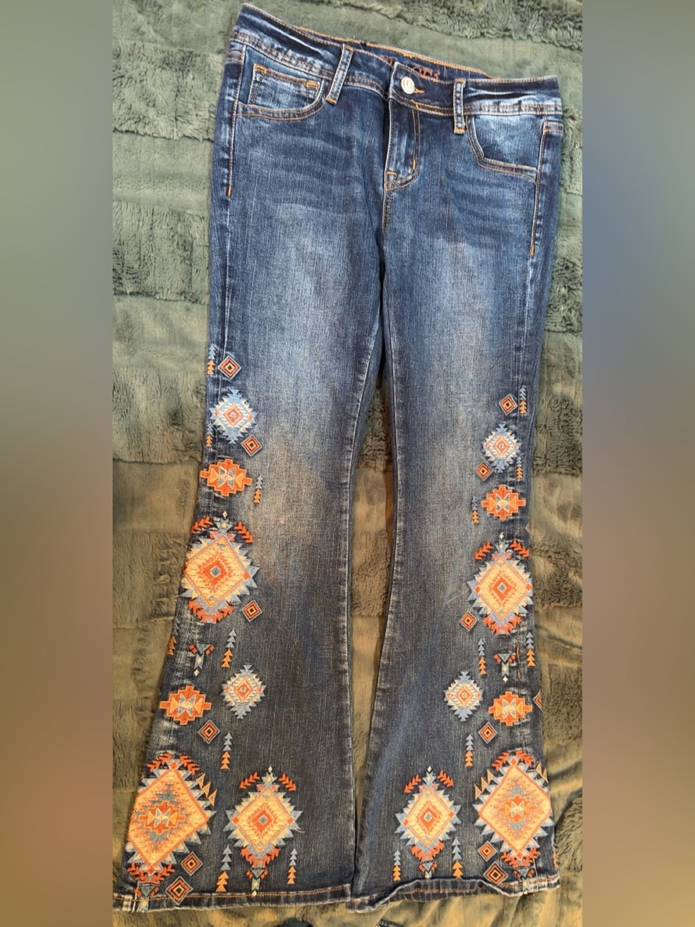 Grace Indigo Jeans with Orange and Cream Embroidery